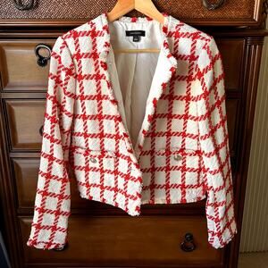 Ann Taylor Women´s Plaid Fringe Tweed patch pockets Blazer Jacket Size 4